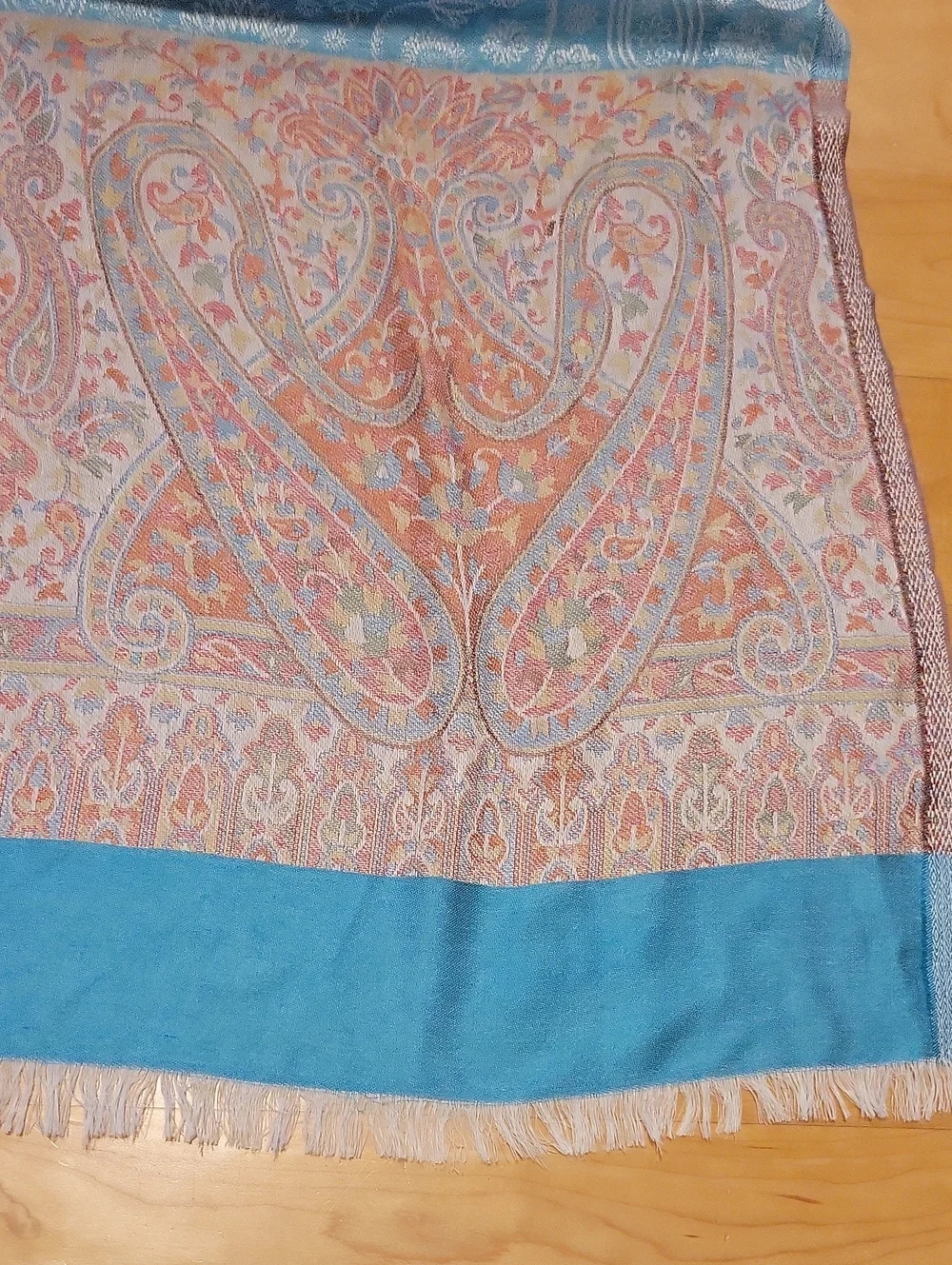 Vintage Teal Paisley Fringe Scarf Wrap 100% Silk India